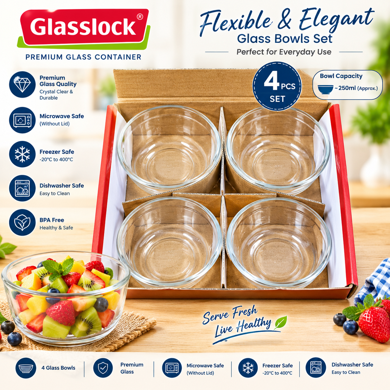 BOWL GLASS 4 PCS Set of 2